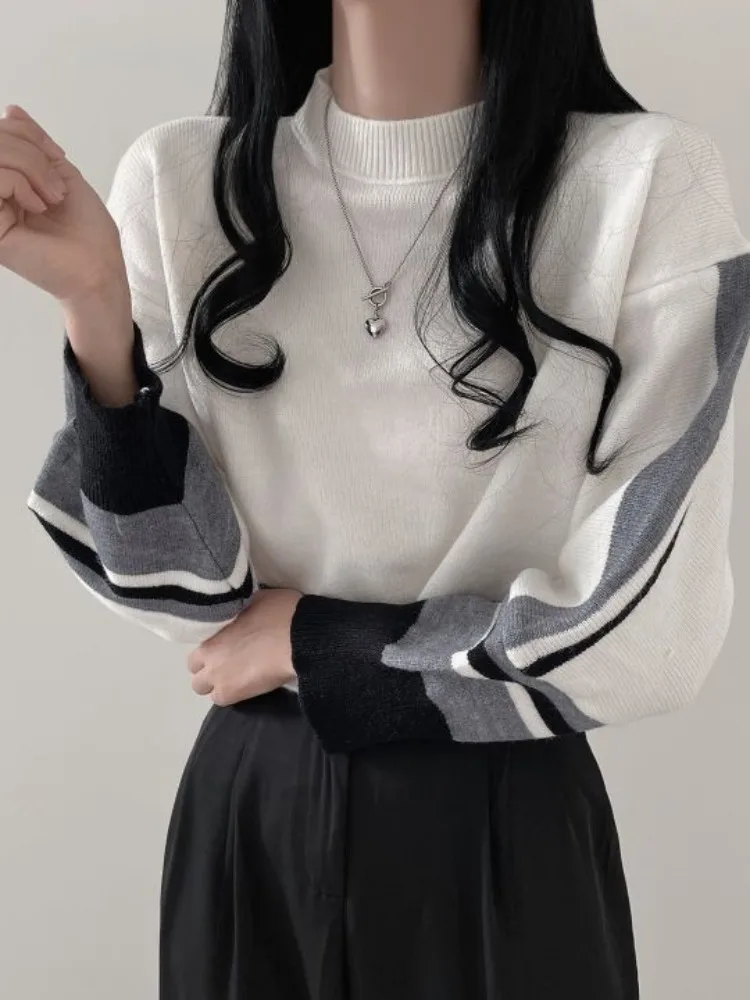 

Chic Autumn Winter ort Knit Sweater Women's Retro Stripe Loose Lantern Sve Stand Collar Patchwork Faion Commute Sle