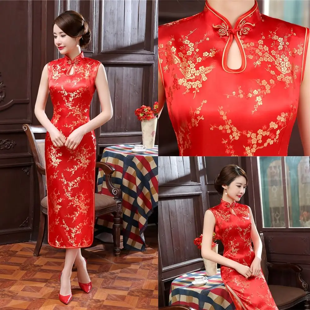 

Comfortable Floral Print Cheongsam Dresses Mandarin Collar Chinese Style Bodycon Dresses Maxi Vintage Traditional Clothing Party
