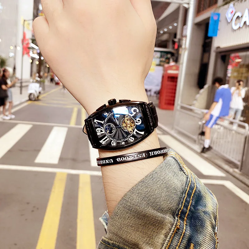 Montres automatiques à tourbillon pour hommes, montres-bracelets mécaniques, phase de lune, mode masculine