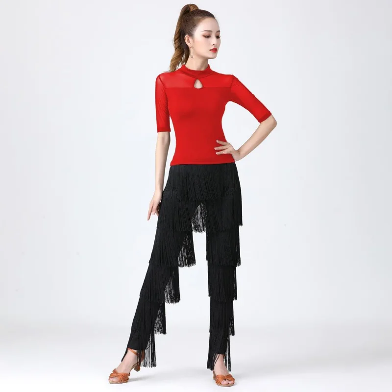 Latin Dance Costums Women Modern Dance Tassel Trousers High Waist Dance Pants