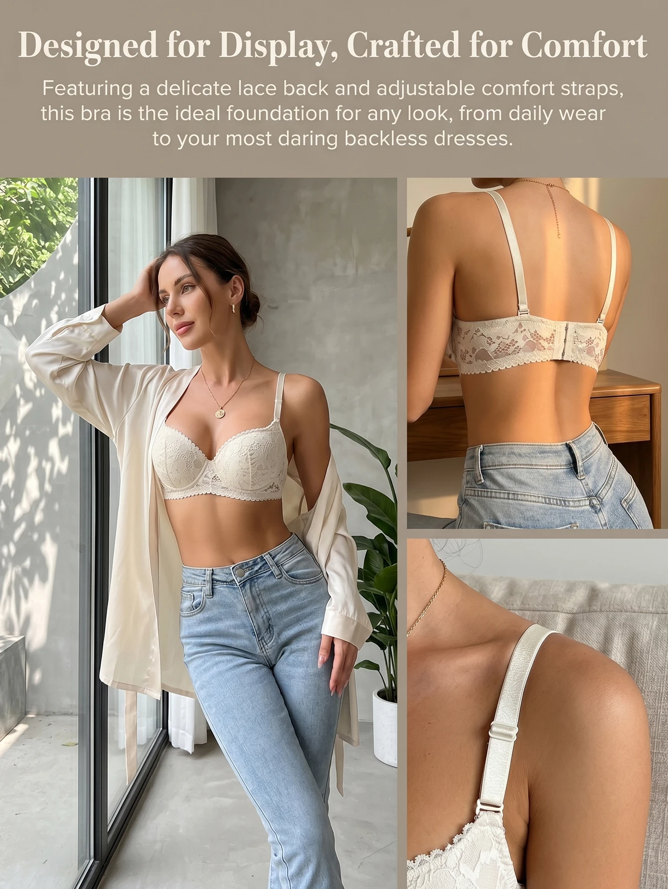 Women White Lace Bra Delicate Lace Back Adjustable Straps Padded Bralette Comfortable Everyday Backless Dress Lingerie B6127
