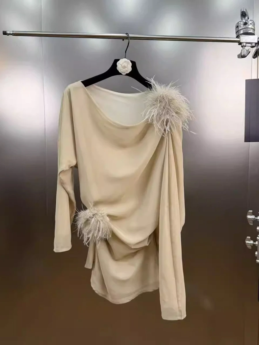 CHICEVER Solid Spliced Feather Female T Shirt O Neck Long Sleeves Loose Commute Temperament Women's T Shirts Autumn New Style