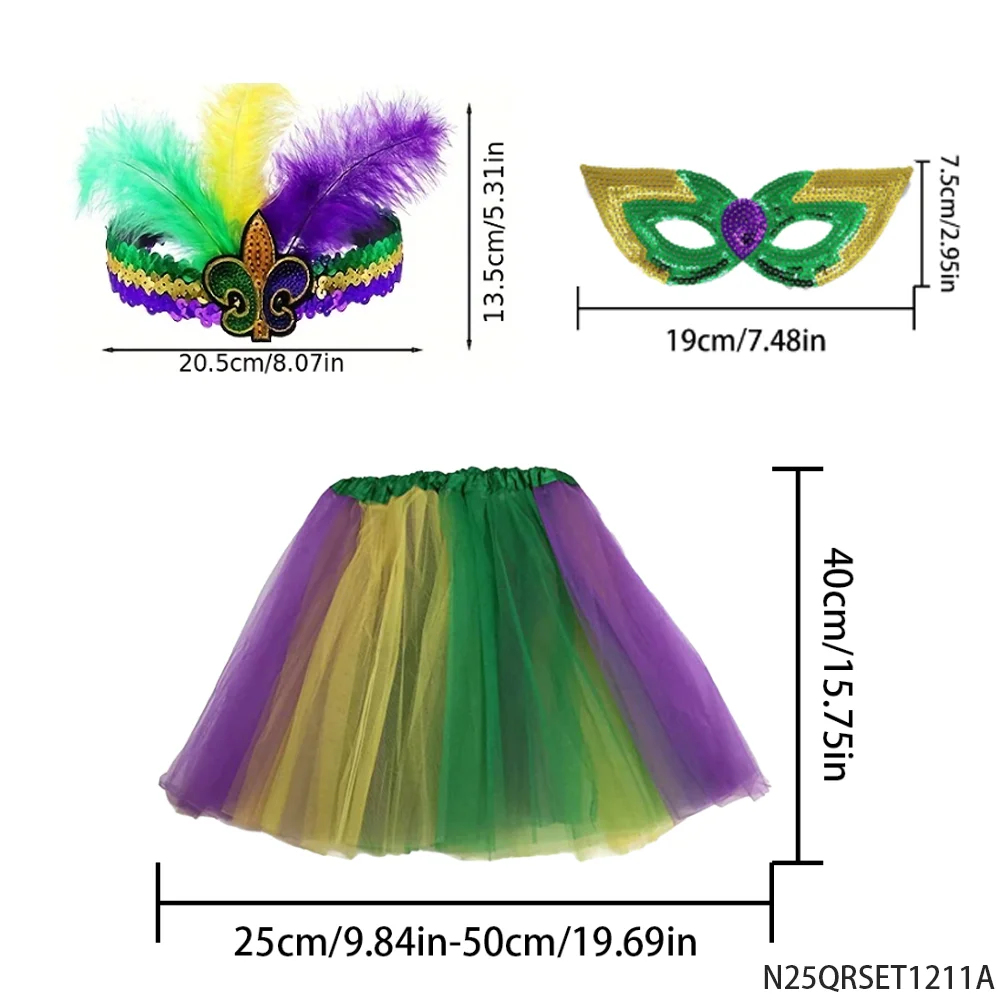 PESENAR Set costume da Mardi Gras Fascia per capelli con piume Maschera con paillettes Gonna tutu Accessorio per feste