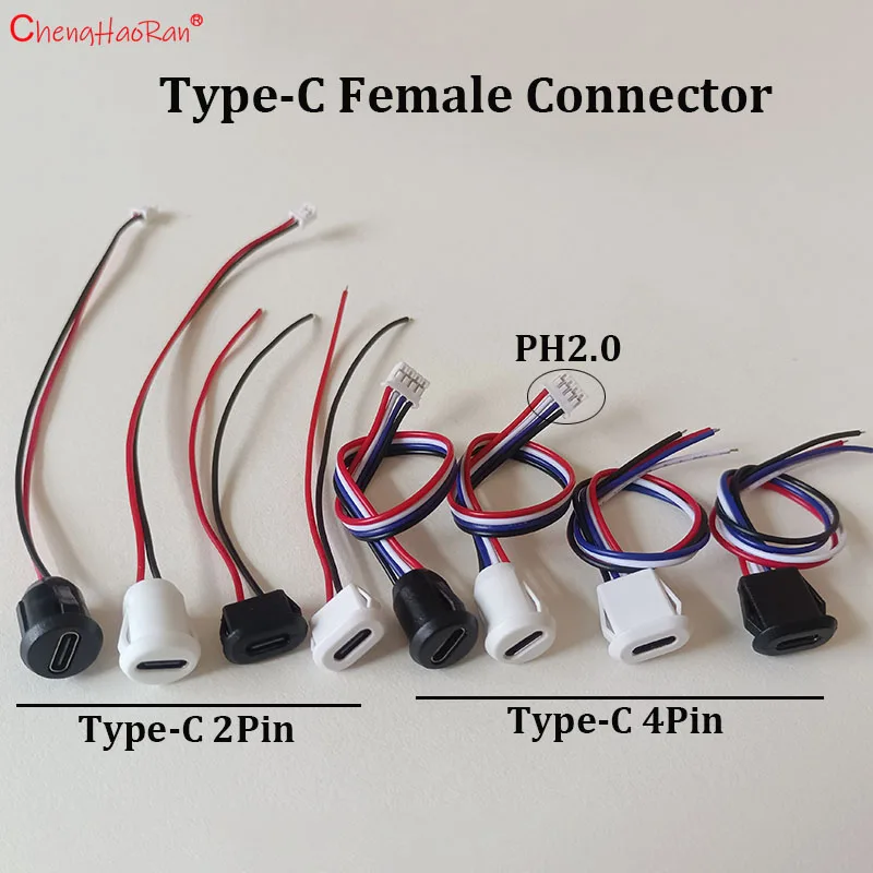ChengHaoRan 1/5/10PCS Type-C Black White 10cm15cm 2Pin 4Pin Overmolded Direct Crimp USB-C Wire with PH2.0 Connector