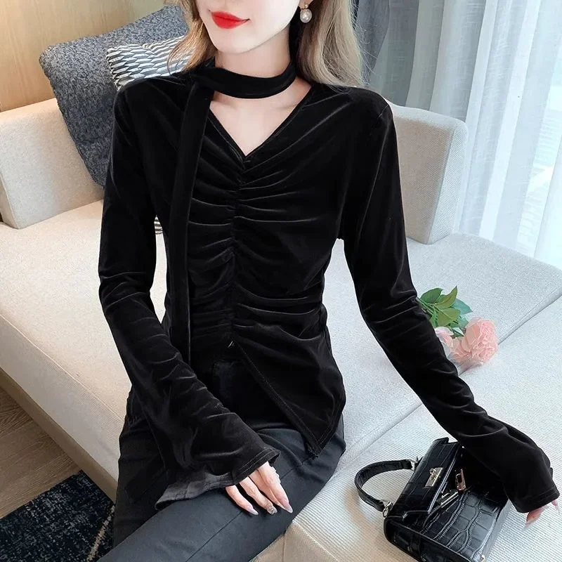 Chemises et chemisiers noirs à col en V pour femmes, Vintage, moderne, nouveau, élégant et jeunesse, haute qualité, manches longues, luxe, meilleure vente, 2025