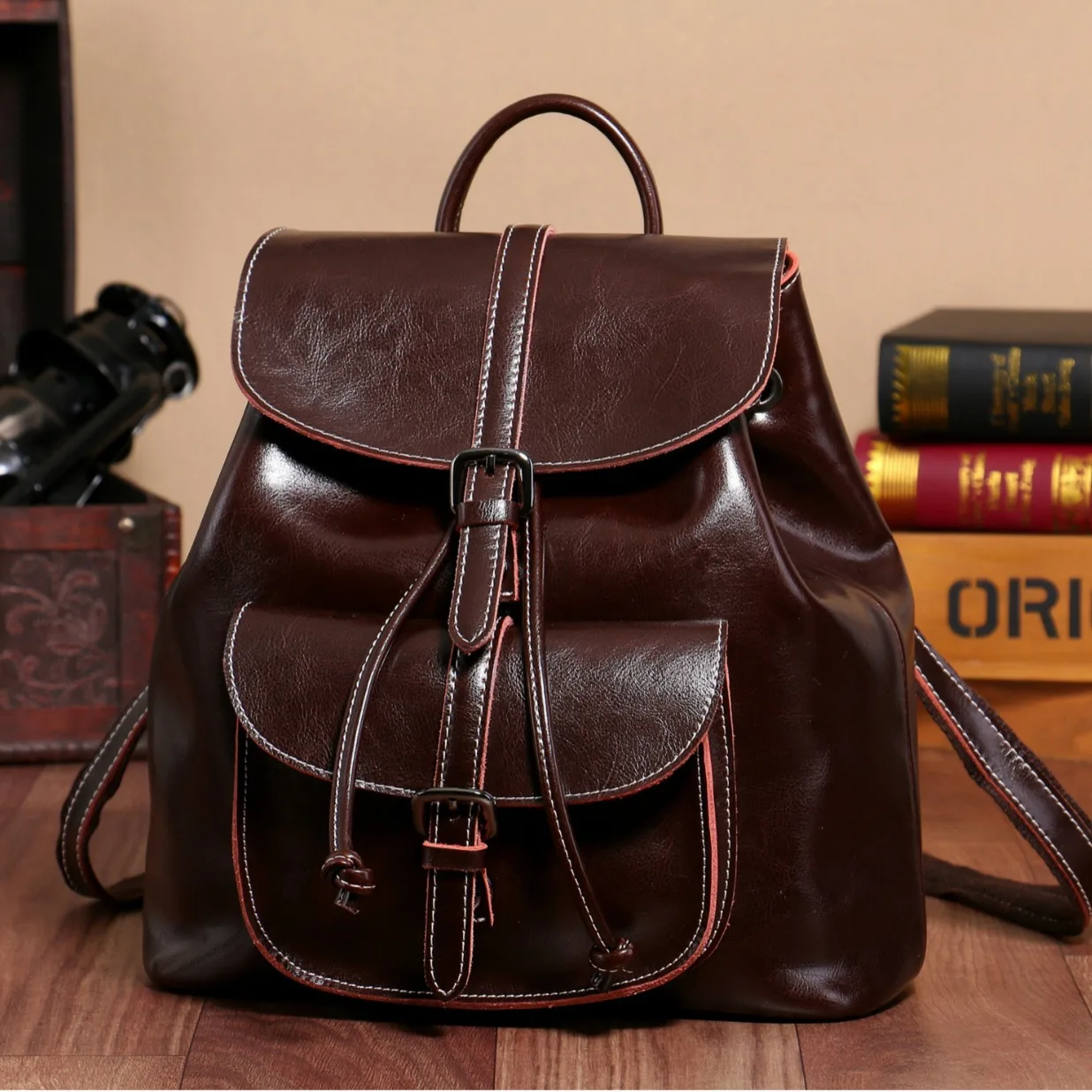 New Trendy Luggage Goods Solid Color Bag Oil Wax Genuine Leather Sewn Women Shoulder Bag Fashionable Soft Leather Large Backpack