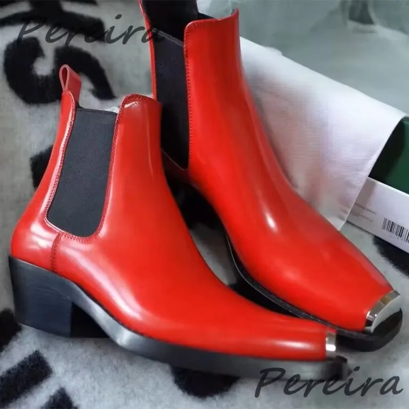 

Мужские ботинки челси с металлическим квадратным носком, ботильоны из лакированной кожи в британском стиле, модные модельные туфли из воловьей кожи для вечеринки, свадьбы и бизнеса