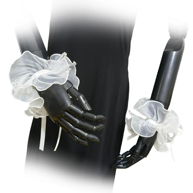 Women's Elegant Victorian Renaissances Ruffled Organza Faux Collar Wrist Cuffs for Themed Parties and Everyday Wear