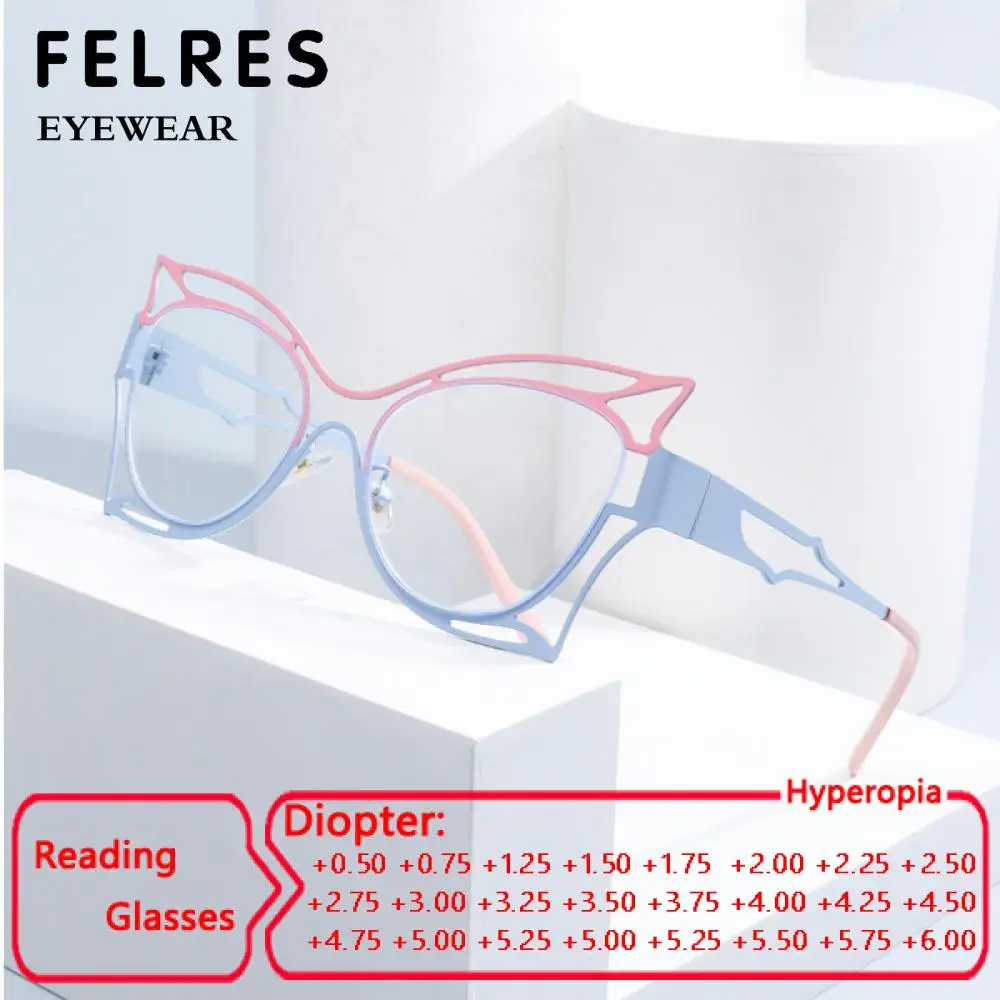 

New Fashion Cat Eye Women Reading Glasses Metal Hollow Big Frame Presbyopia Eyewear Unique Double Color Frame Glasses FELRES