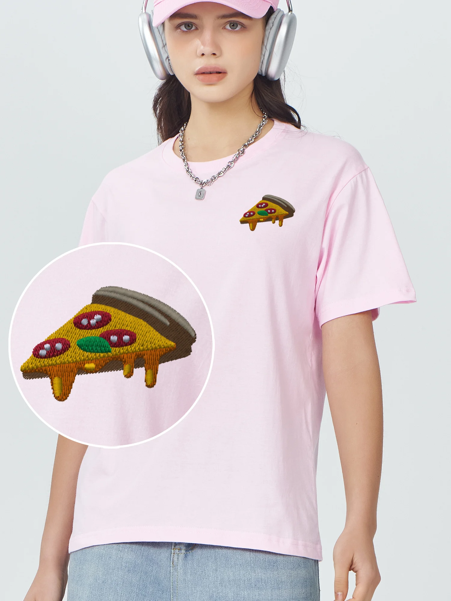 

Pizza Embroidered Tshirt Newest 100% Cotton Embroidery T-Shirts Pizza White Graphic Tee Shirts Tshirts Graphic