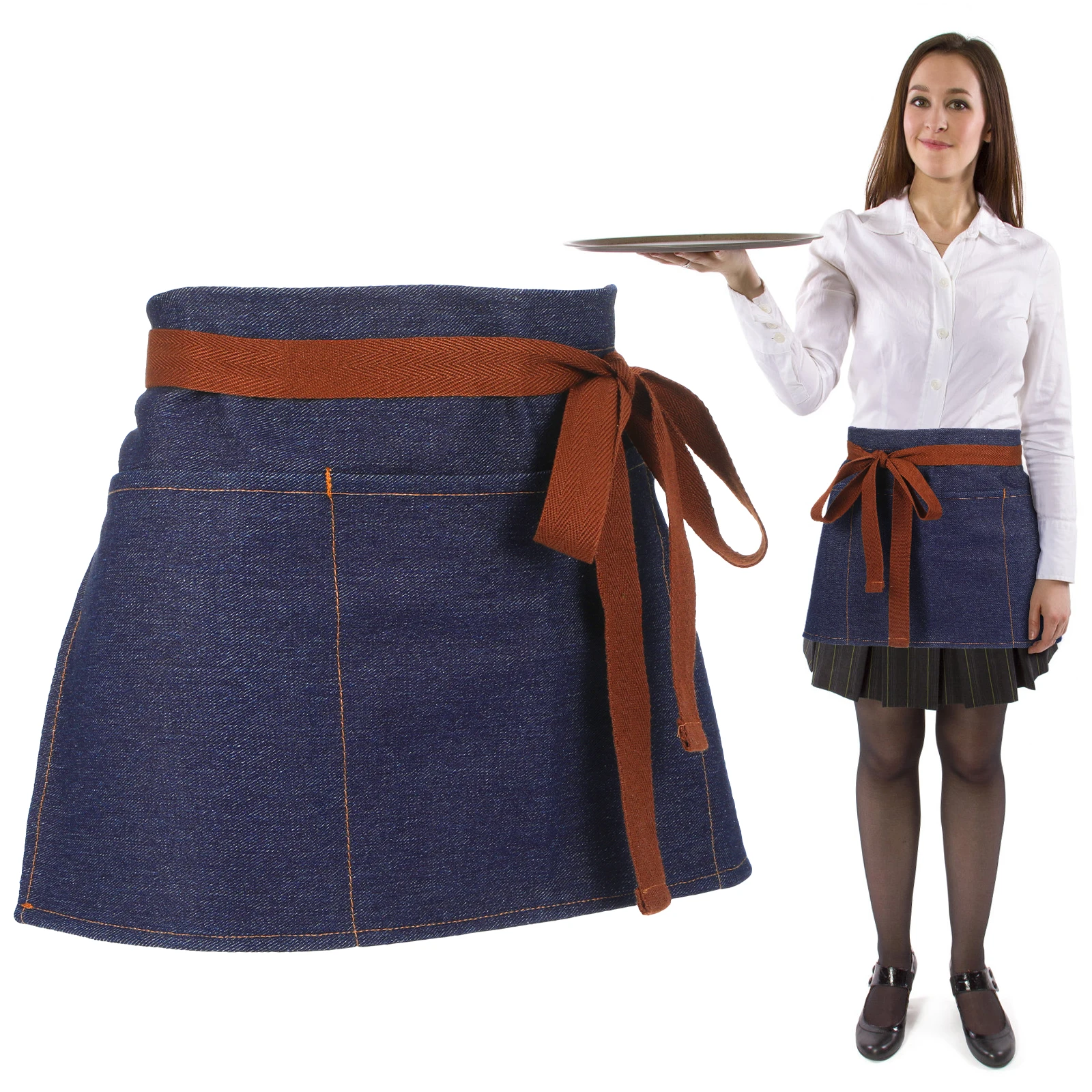 

Short Denim Half Apron for Waitress with Pockets Waist Bistro Server Chef Serving Cotton Women Restaurant Apron Western Style