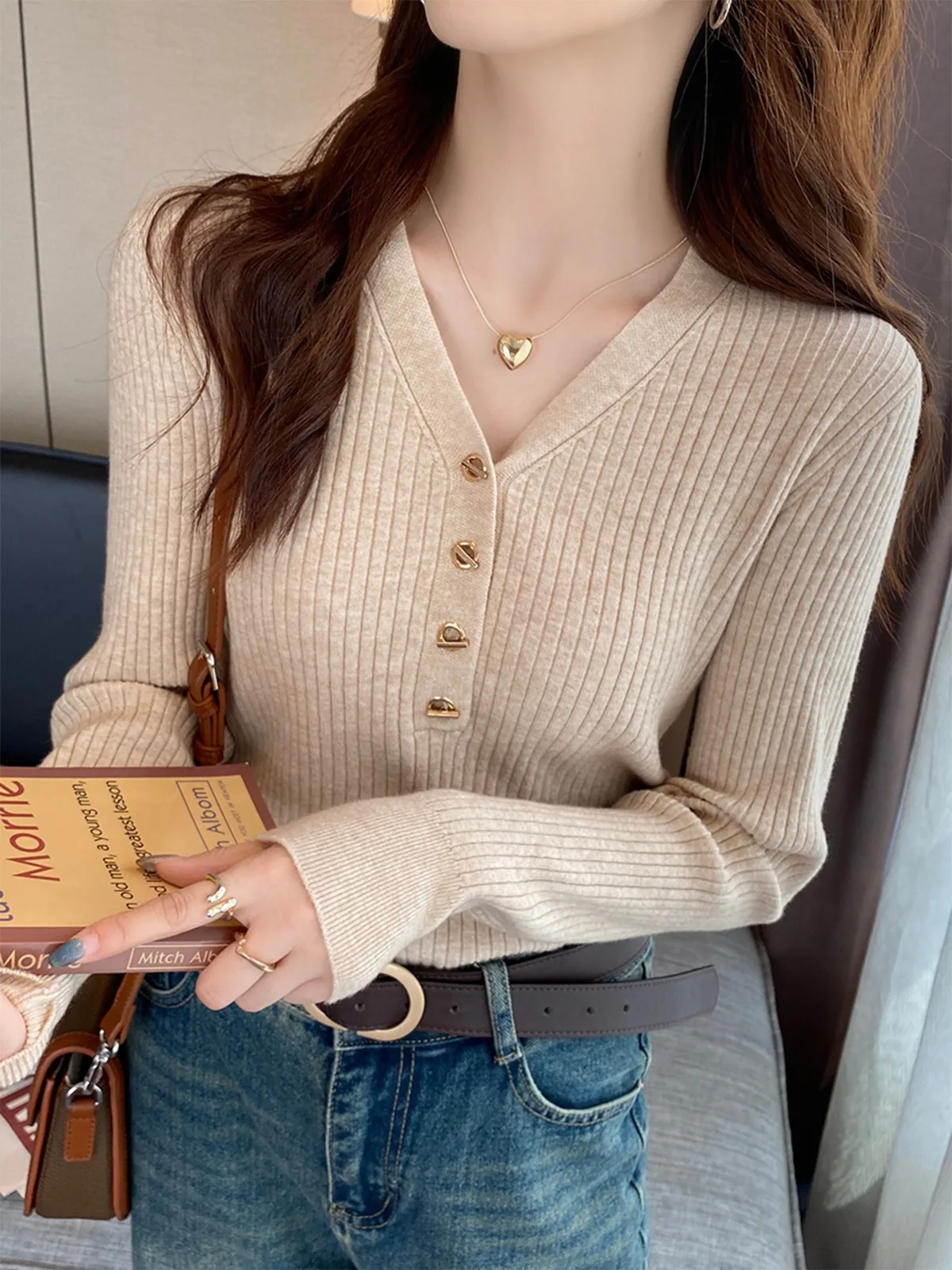 Lente Herfst V-hals Slanke Gebreide Shirt Vrouwen Trui Tops Vrouwelijke Lange Mouw Elastisch Gebreide Dieptepunt Shirts Truien