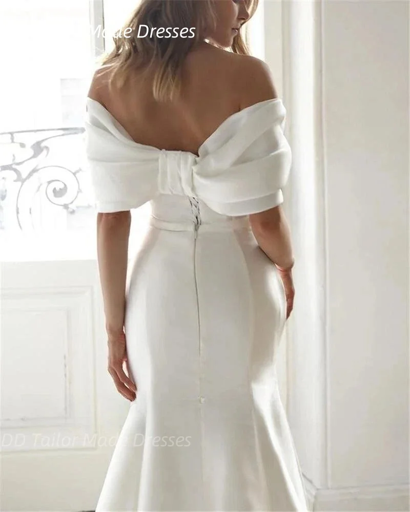 Robes de mariée sirène en Satin élégantes, épaules dénudées, Design avec nœud, traîne Court, robes de mariée personnalisées