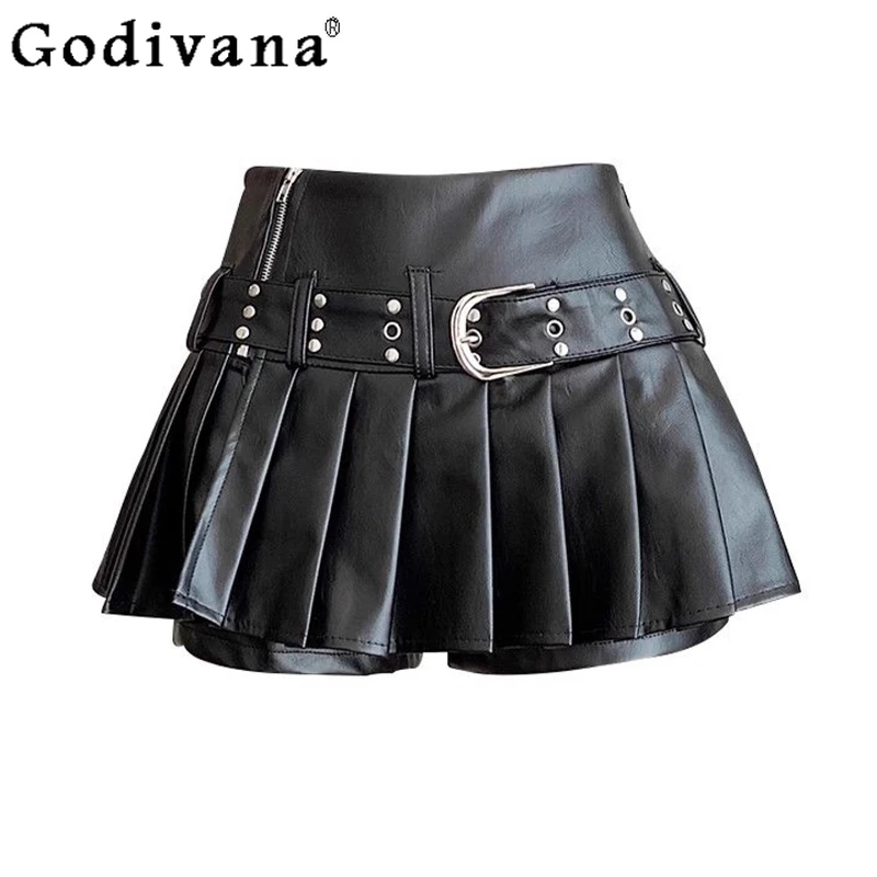 

Women Autumn High Waist Sexy Fashion Black PU Leather Skirt Temperament A-line American Versatile Age Reduction Short Pantskirt