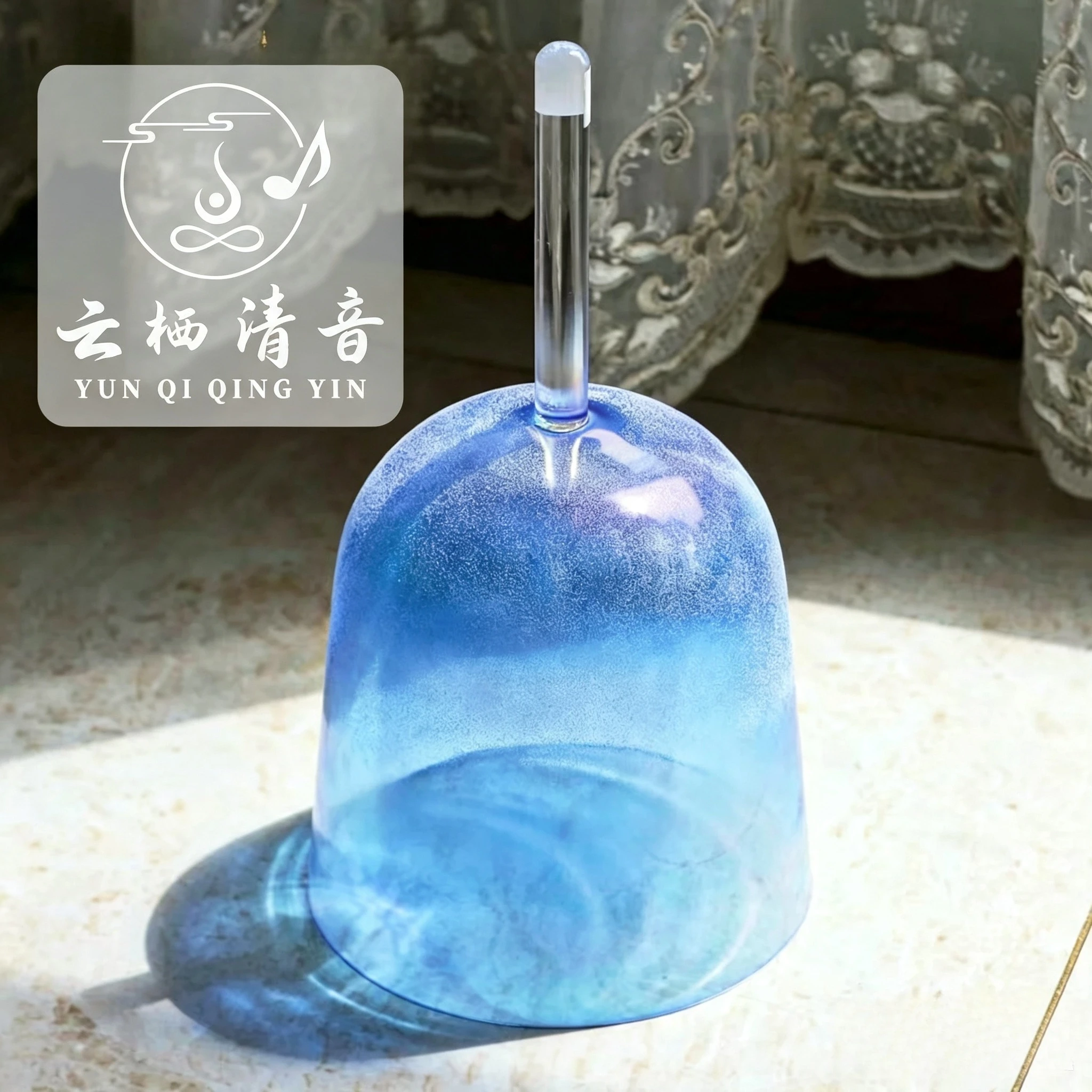 YUN QI QING YIN 432Hz Optional 440Hz Blue Aurora Alchemy Handled Crystal Sand Bowl Portable Handheld Sound Bowl Full Accessories Spiritual Sound Bath Healing Tool