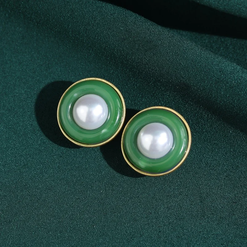 

Vintage Green Agate Earrings Stud Round Pearl For Woman Mother Day Gift Birthday Luxury Designers High Quality Accessories