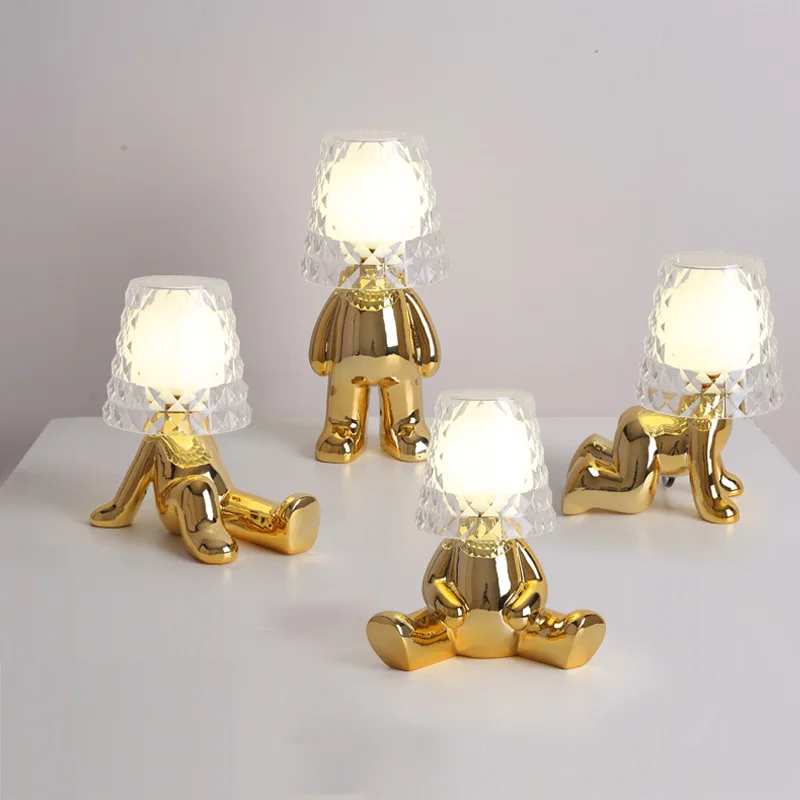 Nordic living room bedroom bedside table lamp creative cute children's room mini electroplating golden man night light