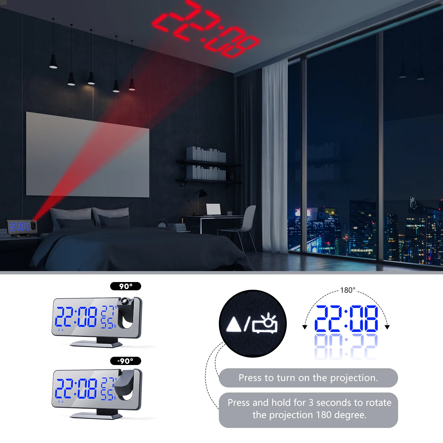 FM Radio LED Digital Smart Alarm Clock Watch Table Electronic Desktop Clocks USB Wake Up Clock with 180° Projection Time Snooze