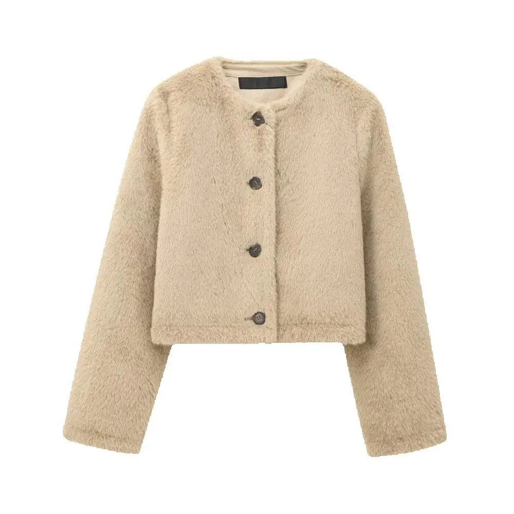 

women's fur loose top round neck long sleeved button autumn and winter new style temperament jacket