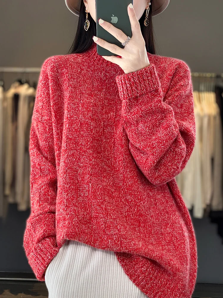 

Autumn Winter Women's Casual Loose Mock Neck Pullover 100% Merino Wool Knitted Sweater Grace Warm Soft Long Sleeves Knitting Top