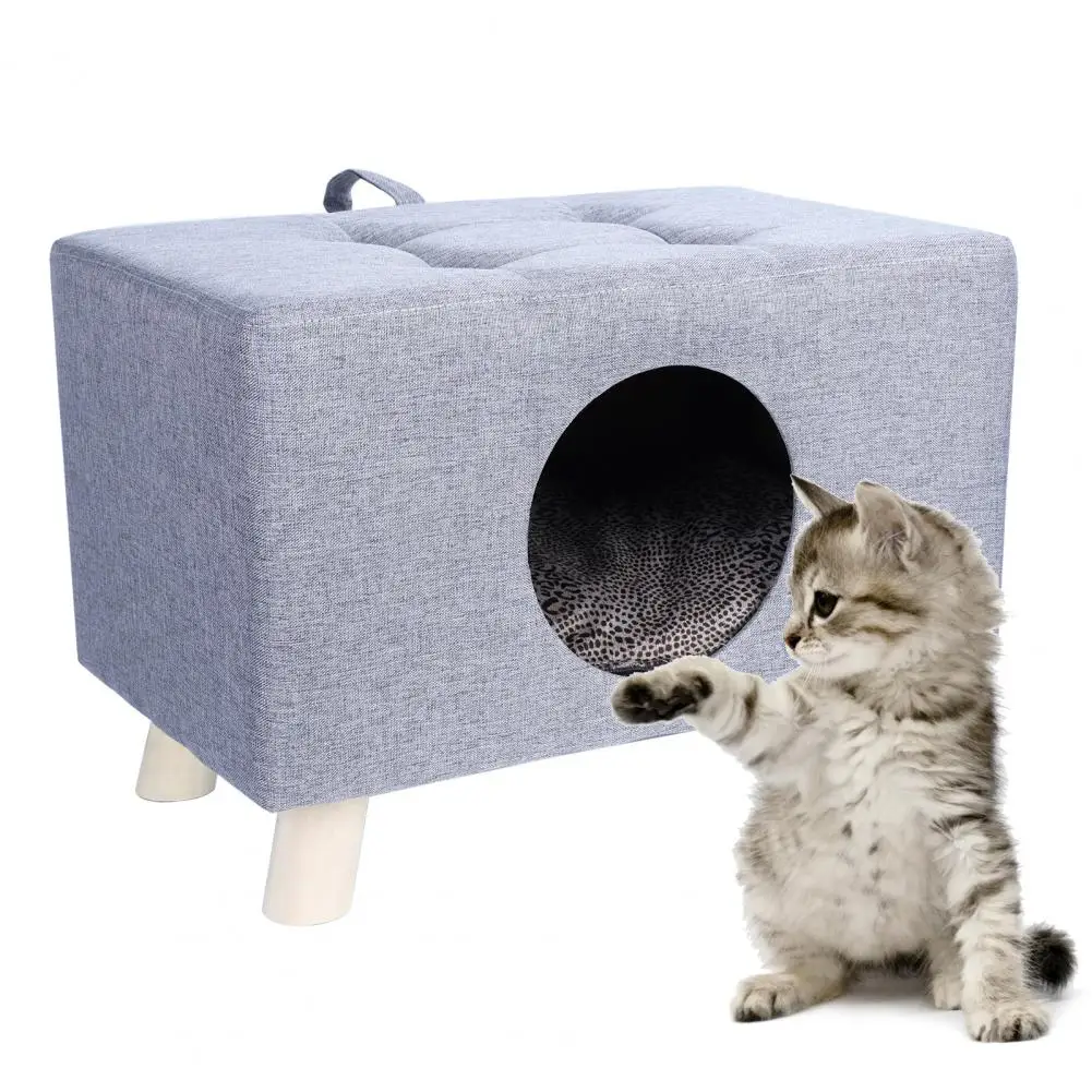 Ninho para gatos, banco para casa de animais de estimação, casa de madeira para gatos com tapete para casa de animais de estimação, banco para descanso de pés com almofada, casa em cubo para cães pequenos