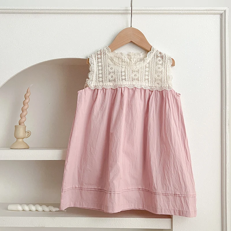 1-6Yrs Girls Pink Dress Summer New Children Clothing Fashionable Girls Lace Collar Sweet Sleeveless Casual Dress Korean Style