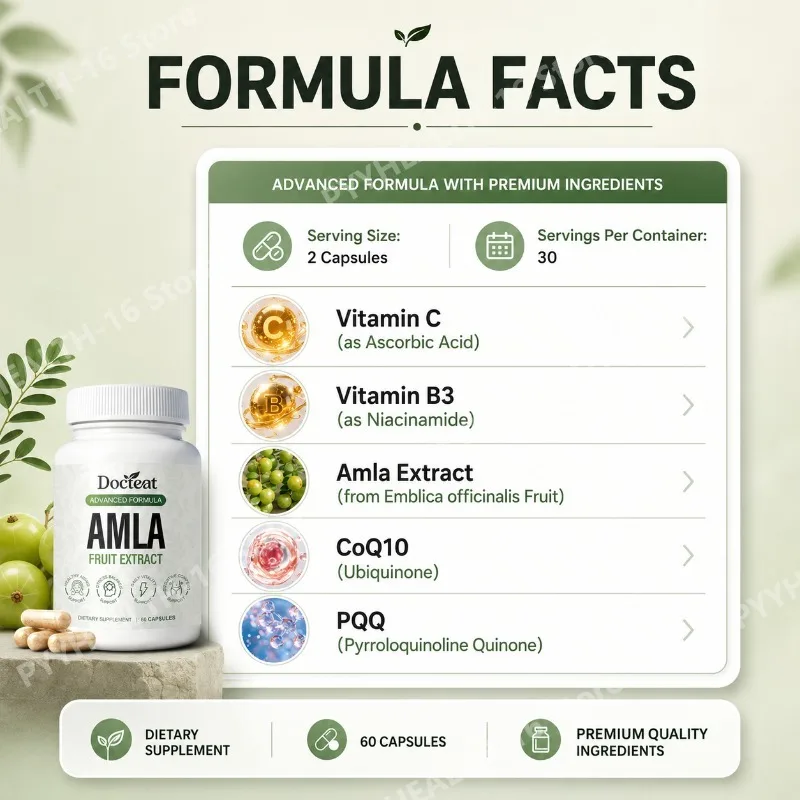 Docteat Amla Fruit Extract Capsules Immune Function Support Skin Health Support with Vitamin C B3 CoQ10 PQQ, 60 Capsules