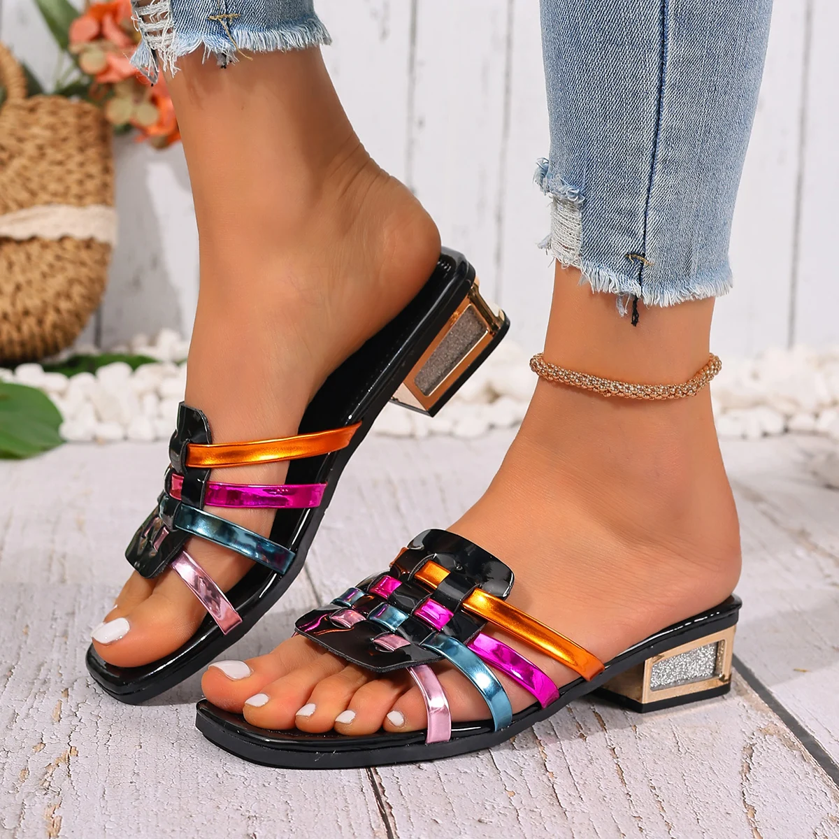 2026 New Large Size Colorful Woven Casual Flat Bottom Slippers Women Toe Exposure Fashionable All-Match High Heel Sandals view 4