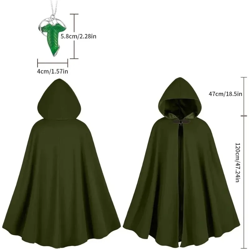 Green Hooded Medieval Cape with Leaf Brooch Necklace Set Vintage Elf Ranger Cloak Halloween Renaissance Cosplay Outfit for Adult
