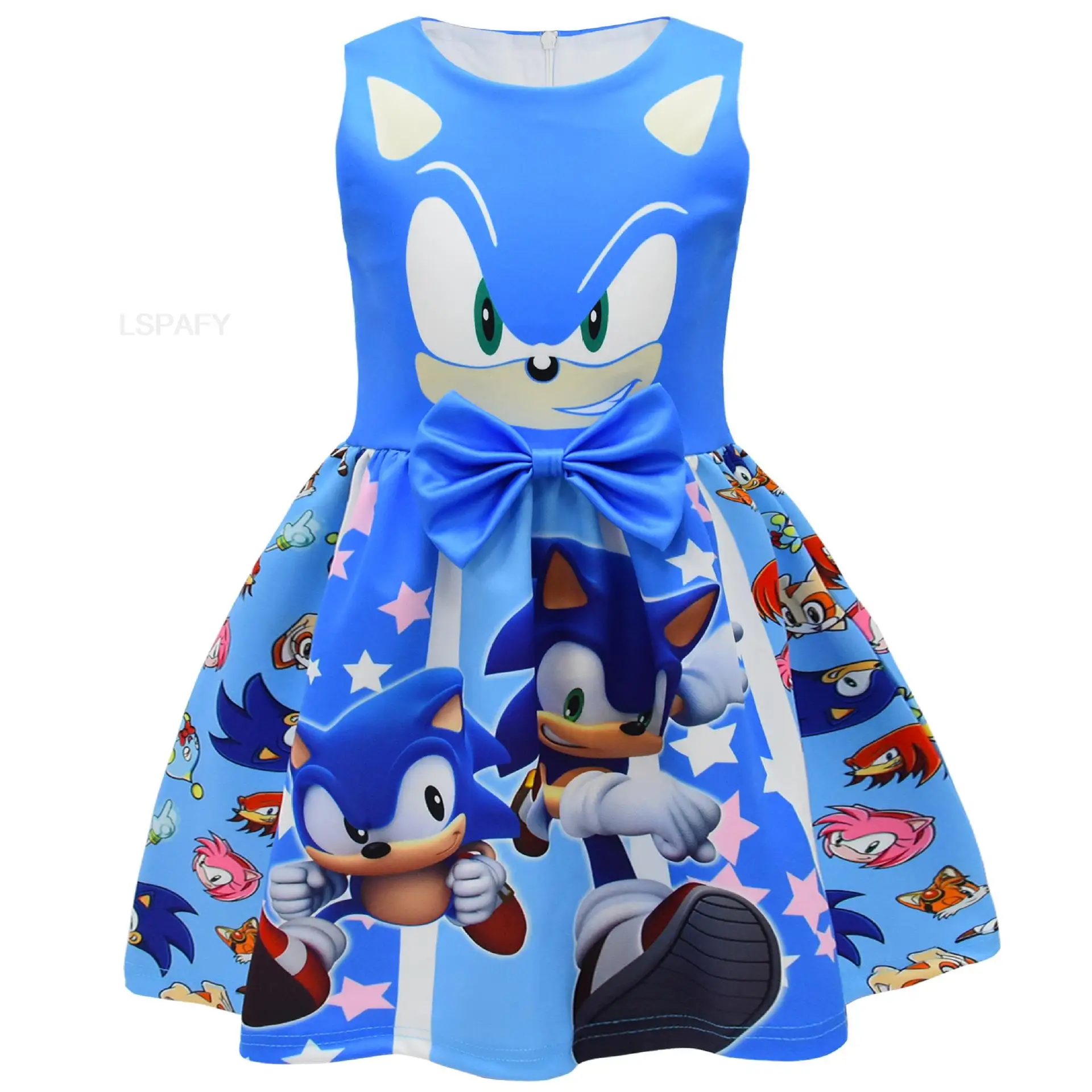 Meninas Cartoon SONIC RACING Cosplay Vestido, Vestido de Princesa Sem Mangas, Azul, Vermelho, Laço Amarelo, Christmas Carnival Party