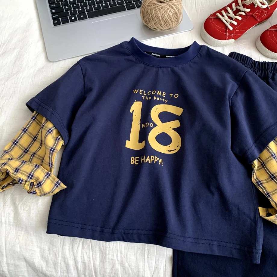 T-shirt 2026 Autumn and Winter New Children's Clothing Korean Style Boys and Girls Fashion Casual Fake Two Check Sleeve T-shirt