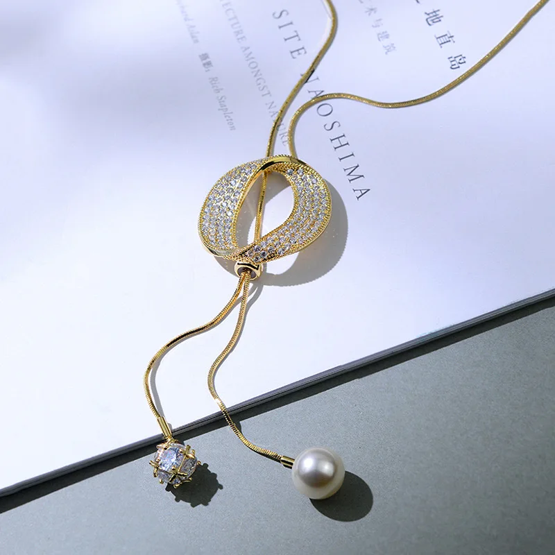 Fashion Long Chain Sweater Necklaces & Pendants for Women Zircon Round Circle Pendant Necklace Female Jewelry