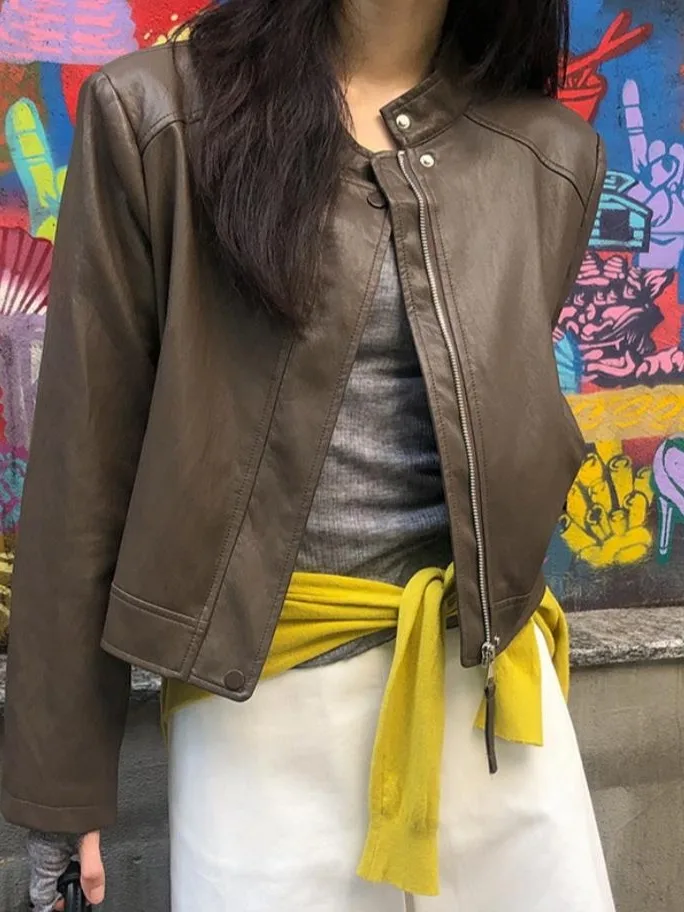 

Sli round Ne из искусственной кожи, женский гонконгский топ в стиле ретро, крутой дизайн, мотоциклетный байкерский топ или длина