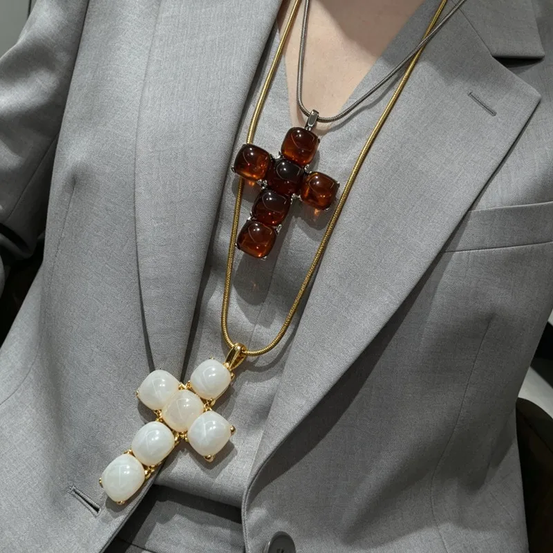 Statement Big Resin Cross Long Necklace Pendants For Women Personality New Baroque Style Sweater Chain