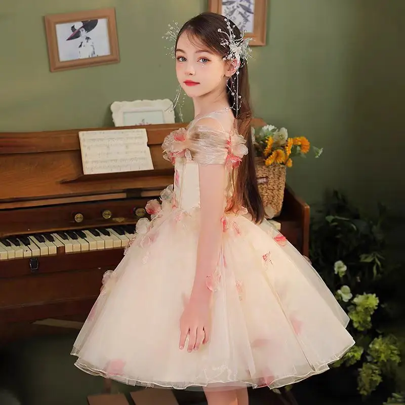 Jill Wish Elegant Champagne Flower Girl Dress Floral Princess Children Dubai Wedding Birthday Party Gowns vestidos de novia J345