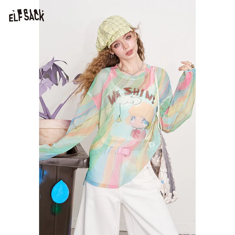 ELFSACK 2025 Summer New Arrival Dopamine Graphic Mesh Long Sleeve T-shirt Lagenlook Oversized Cover-Up Top dla kobiet