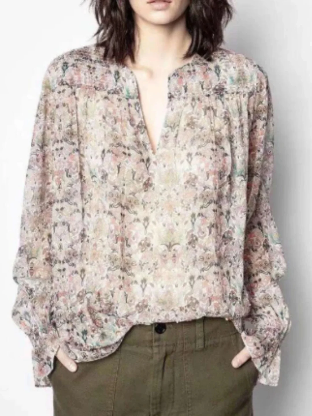 

Casual Long Sleeve V-Neck Printed Beaded Shirt Women's Commute Style Polyester Fiber Skin-friendly Breathable Regular Length