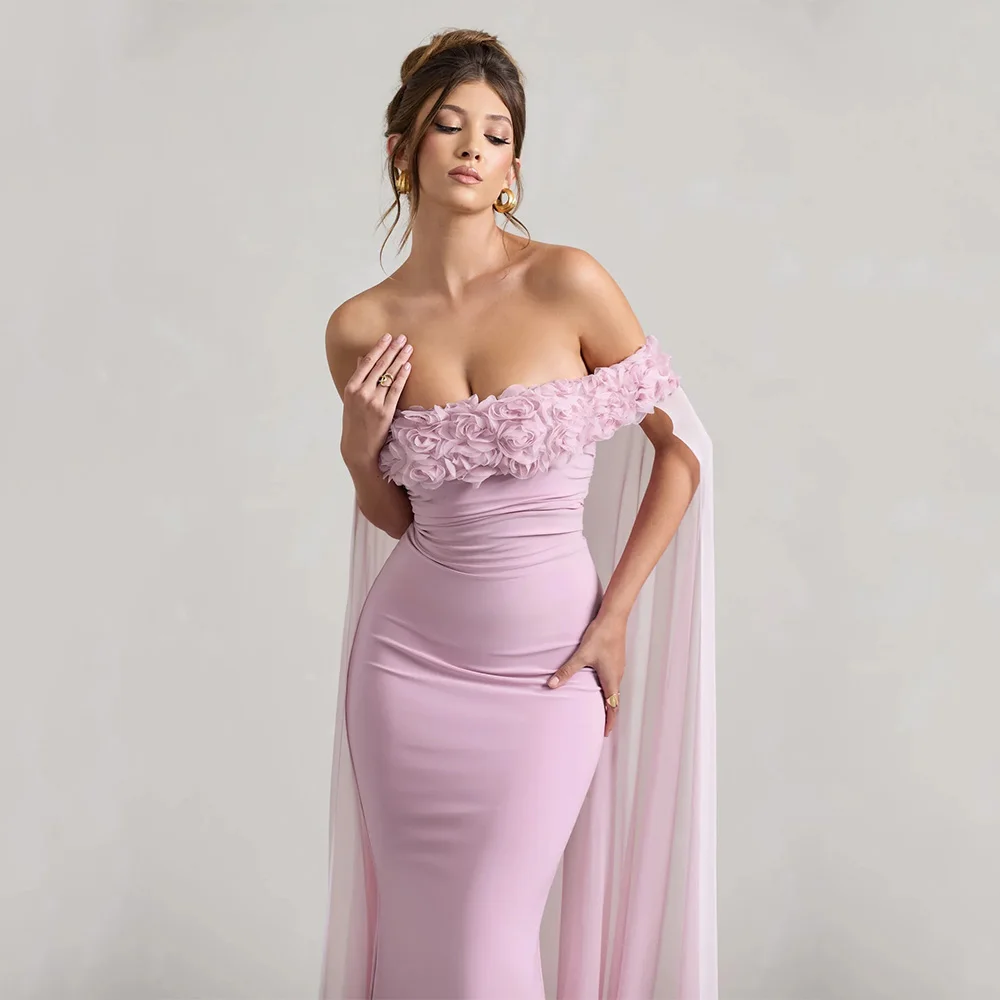 Vestidos largos informales personalizados con pliegues de flores de gasa drapeados trompeta con hombros descubiertos vestidos para ocasiones a medida de alta calidad simples