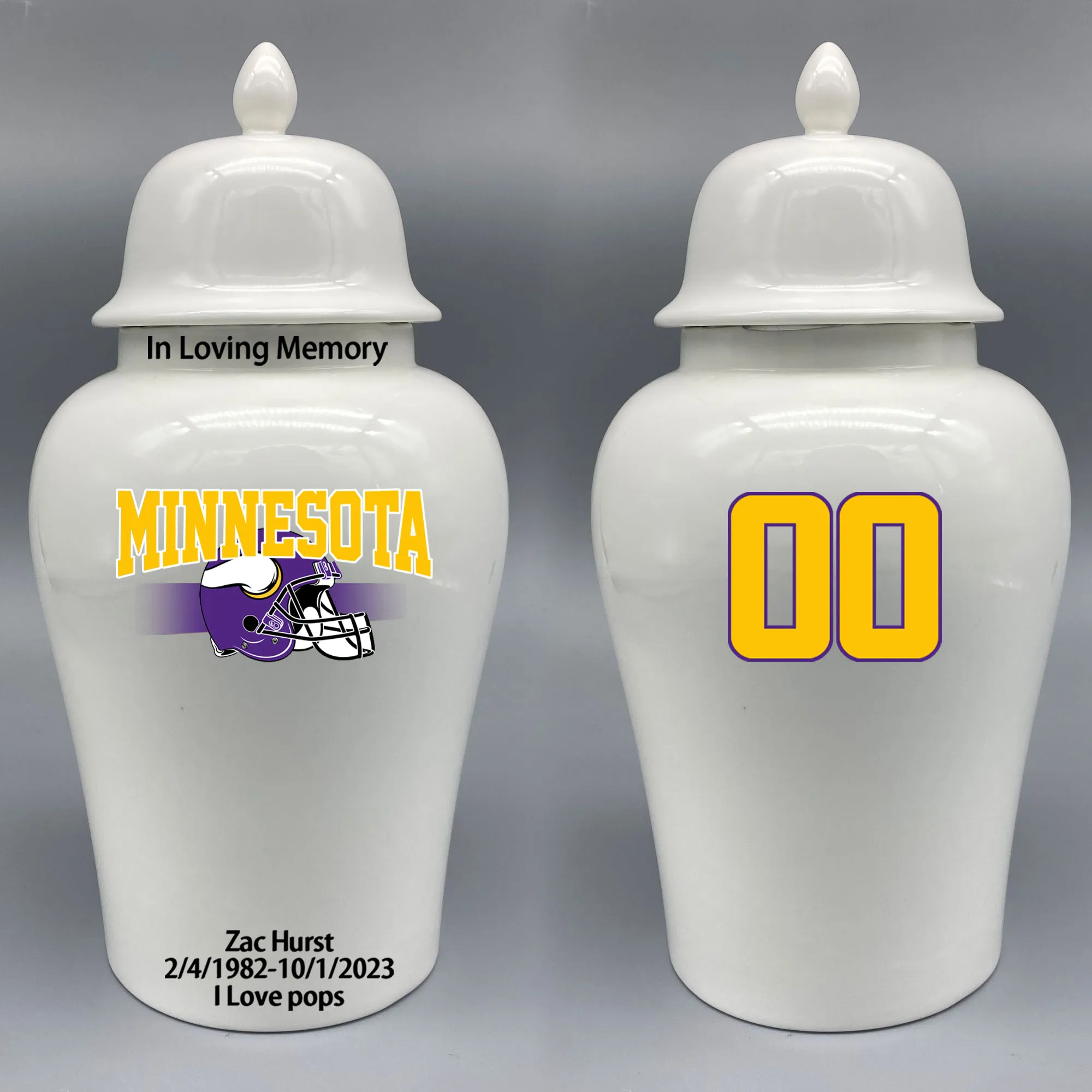 

Large Urn for Minnesota Vikings-themed Logo Urn.Please send me the customize information-name/date and number on the urn