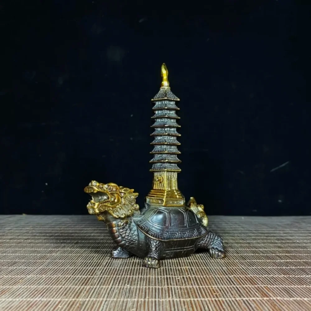 

Chinese Old Antique Collection Pure Copper Gilt Dragon Turtle Pack Pagoda