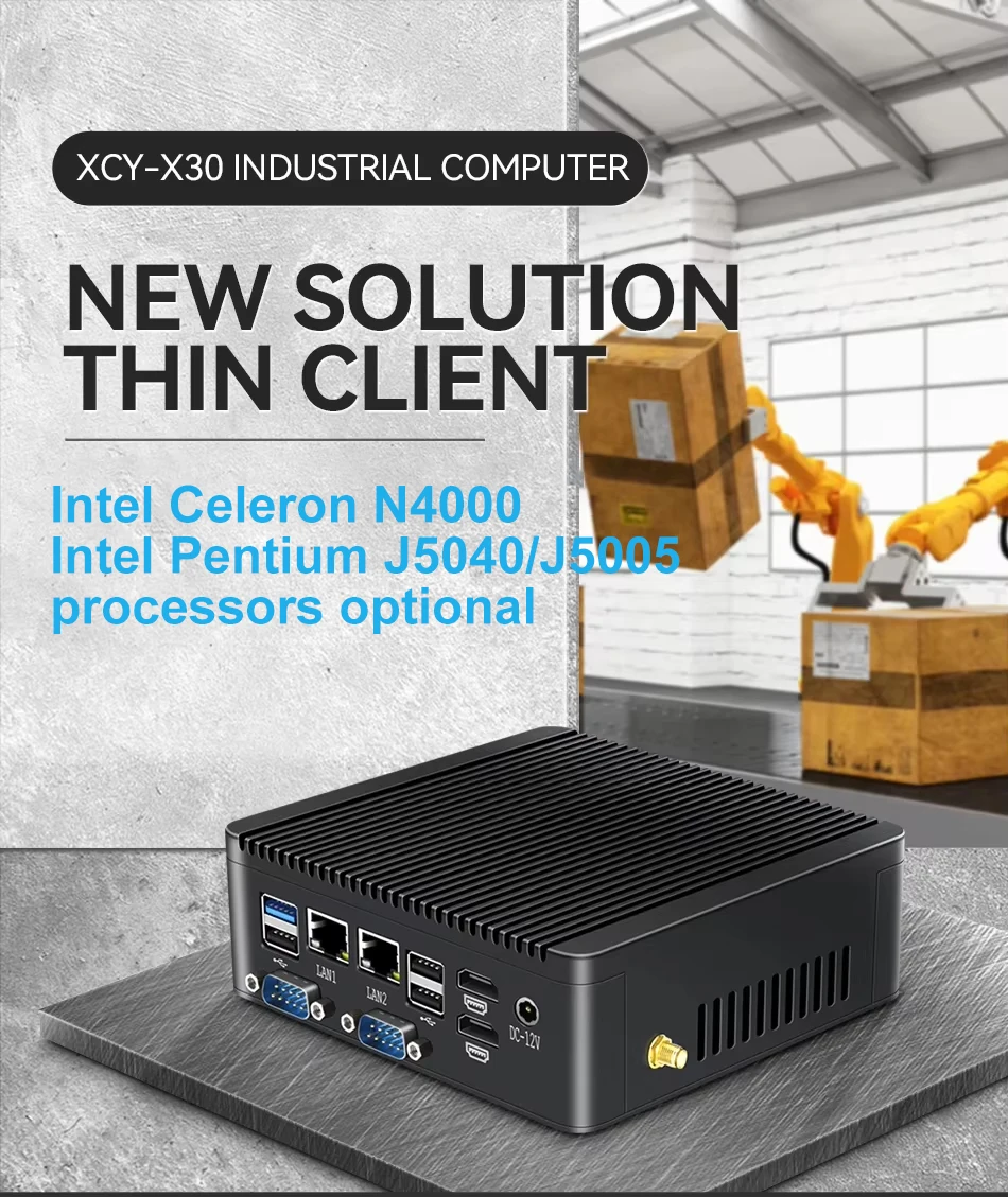 XCY Fanless Mini PC Intel Pentium J5040 DDR4 M.2 SSD RS232/485 2x LAN GPIO mPCIE 4G LTE SIM 8x USB LVDS HDMI TPM 2.0 Windows 11