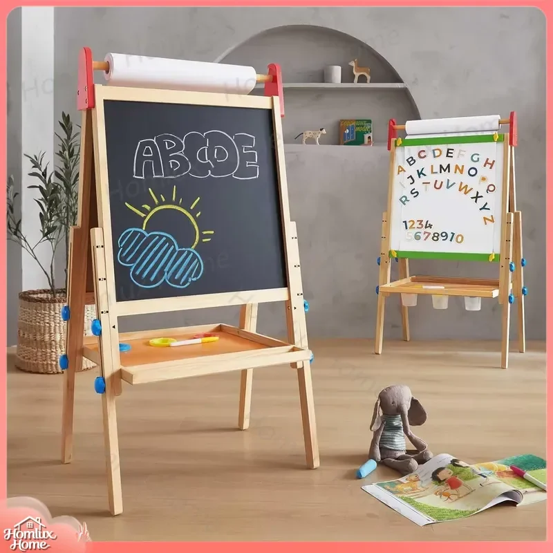 Kids Floor Standing Drawing Easel with 2 Paper Rolls Chalkboard Wooden Learning Toy for 3 4 5 6 7 8 Year Old Boys and Girls