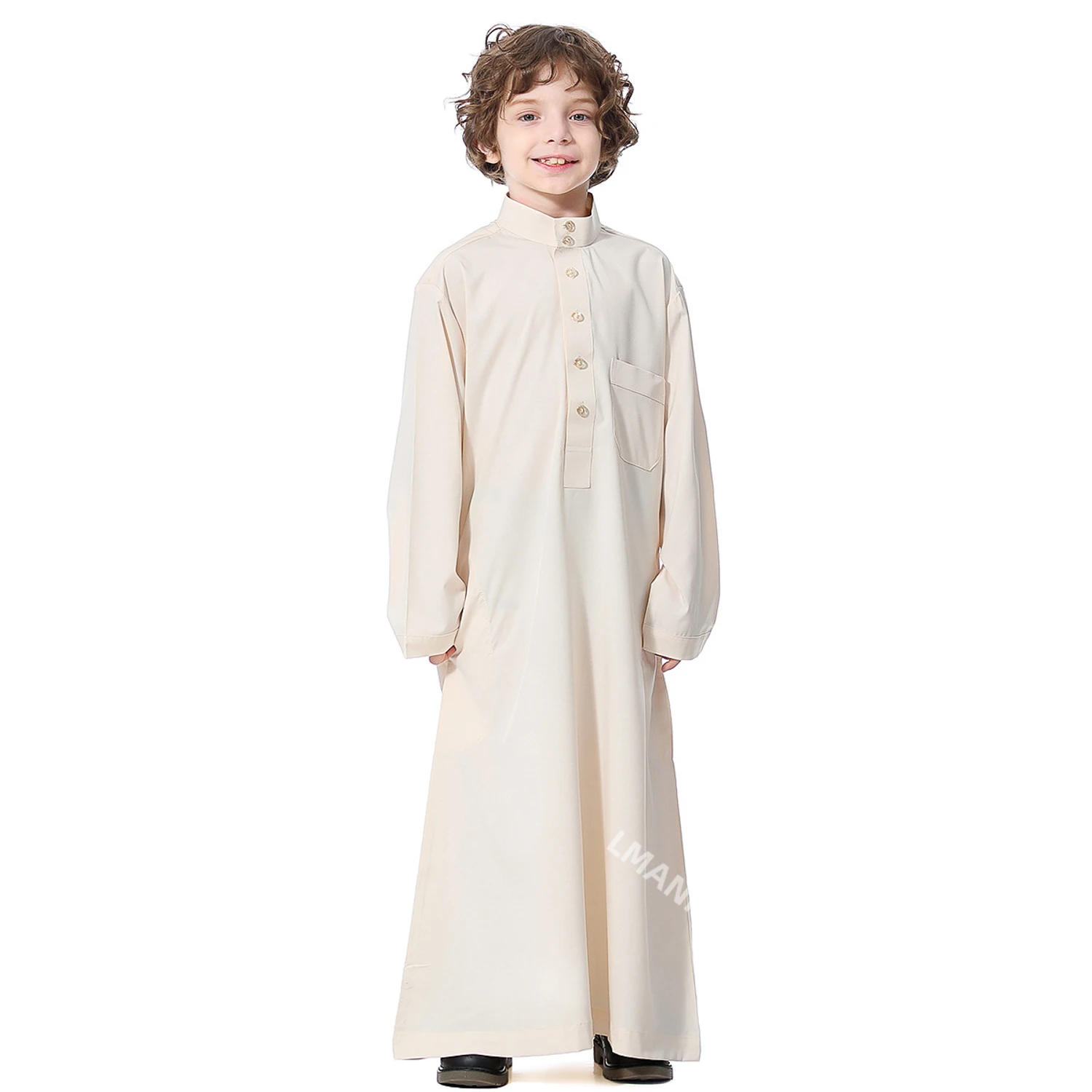 Solid Stand Collar Boys Kids Islamic Muslim Juba Kaftan Robe Arabian Dubai Qatar Children Long Dress Singel-Breasted Abaya Robe