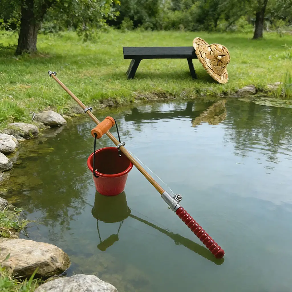 1:12 poppenhuis miniatuur visset - realistische hengel, emmer, bank en strohoed, doe-het-zelf microscène modelaccessoire
