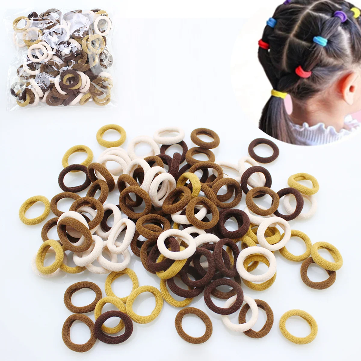 100PCS Colorful Basic Nylon Ealstic Hair Ties for Girls Ponytail Hold Scrunchie Rubber Band Kids Basic Hair Accessories