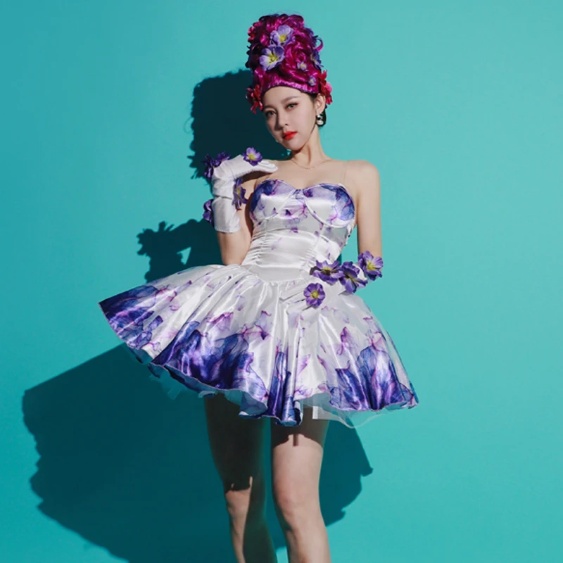 4 Kolory Puszysta Sukienka Kwiatowa Ozdoba na Głowę Damska Impreza Klub Nocny DJ Gogo Odzież Festiwalowy Strój Sceniczny Kostium Drag Queen XS6012