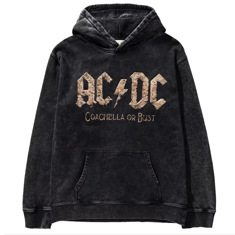 80 Years ACDC Band Music Rock Oversize American Retro Done Old Washed Batik Loose Plus Size Hooded Sweater