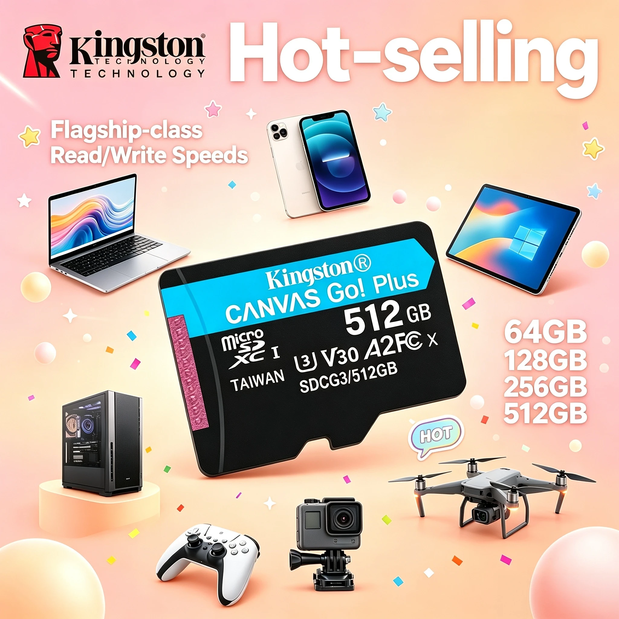 Kingston 200MBs A2 U3 V30 Micro SD 256GB Canvas Go Plus Class 10 MicroSDXC Memory for Drone Smartphone 4K Video Recording Use