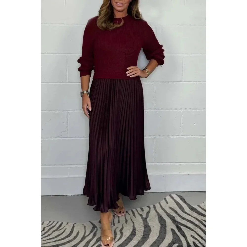 

Autumn Winter Fashion Knitted Pleated Dress Women Elegant Office Ladies Spliced Pleated Long Dress Women 2024