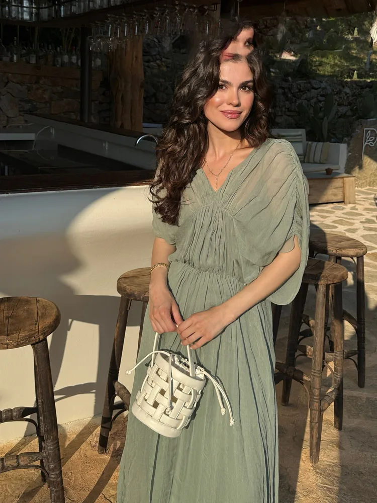 HH-vestido medio de manga corta con decoración plisada y cuello en V para mujer, vestido largo Sexy liso con espalda descubierta informal para mujer